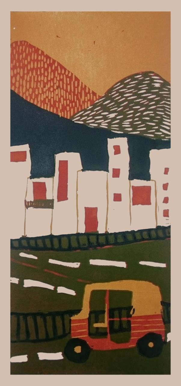 Relief print featuring graphic shapes to contour a car, streets, skyscrapers, and hills.