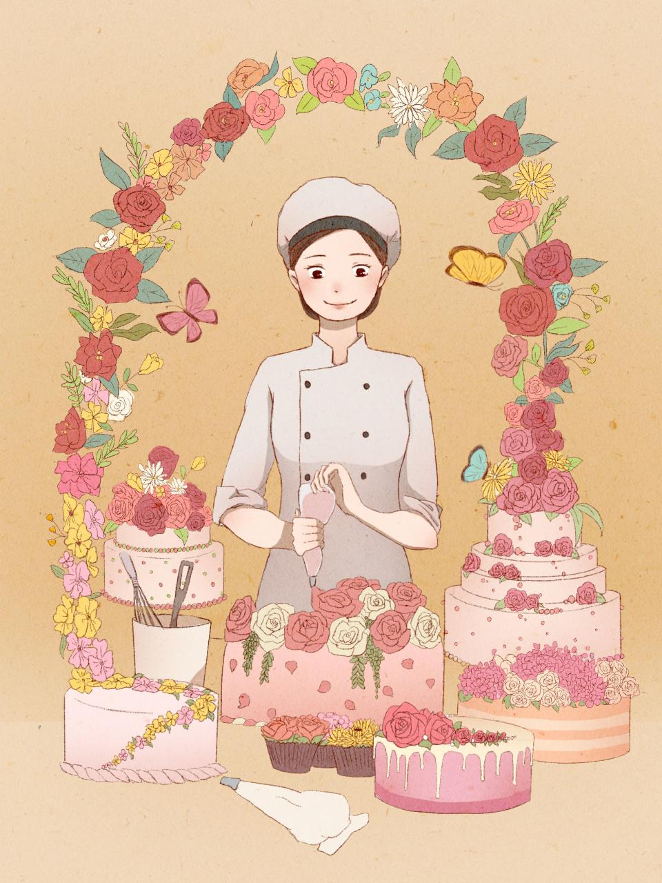 Illustration with baker and pastries