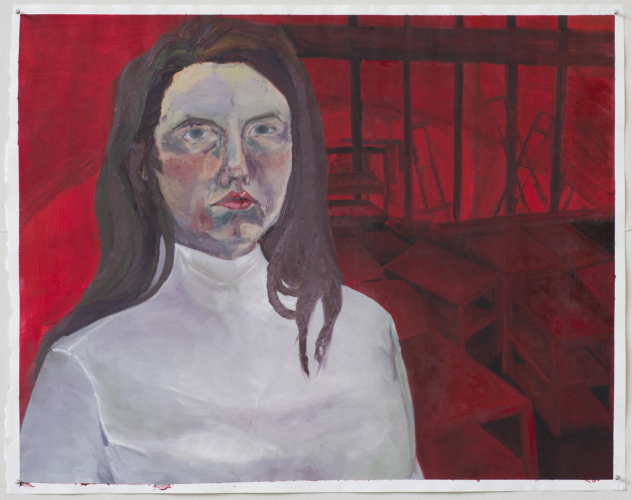 Painted self portrait of artist, set with a heavy red background. 