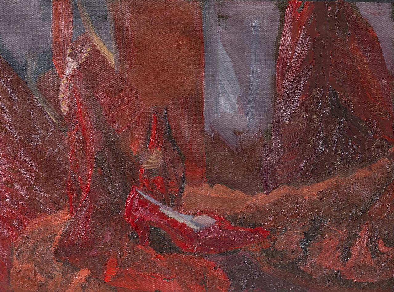 Still life painting rendered in shades of red.