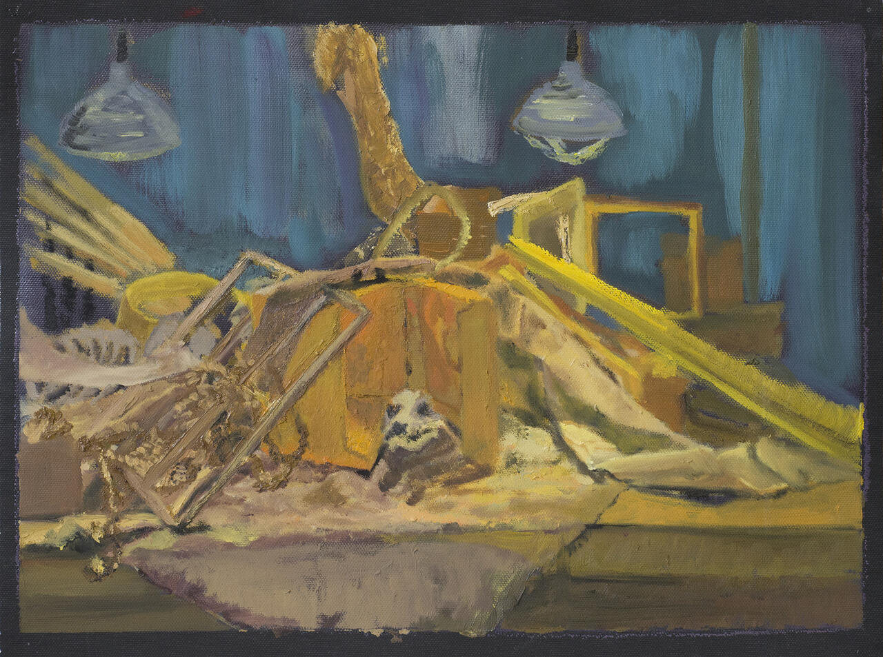 Painted still life rendered in shades of yellow.