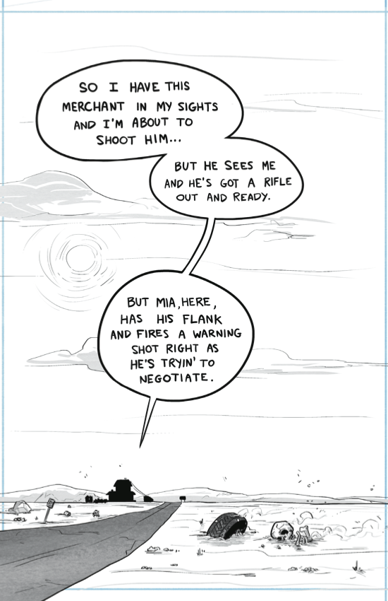 Grayscale comic spread over three chapters and taking place in the desert.