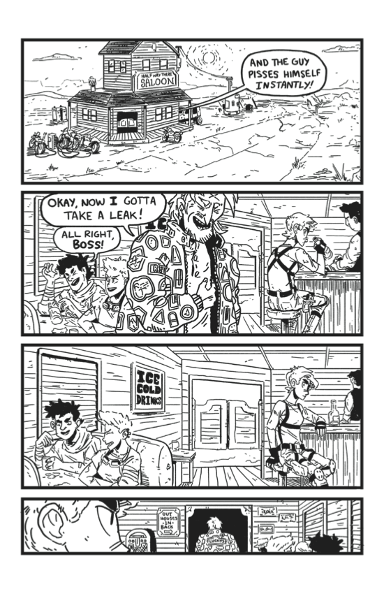 Grayscale comic spread over three chapters and taking place in the desert.