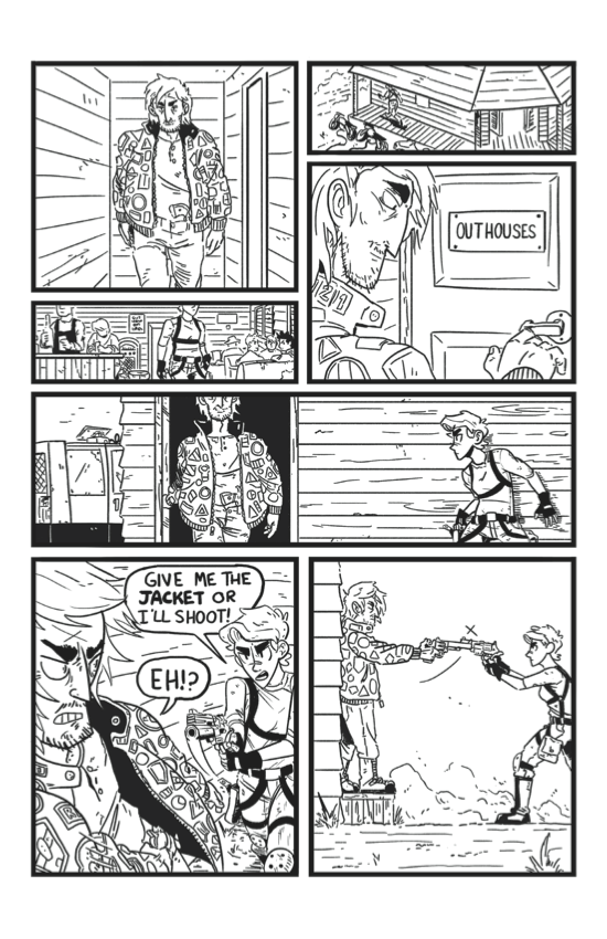 Grayscale comic spread over three chapters and taking place in the desert.