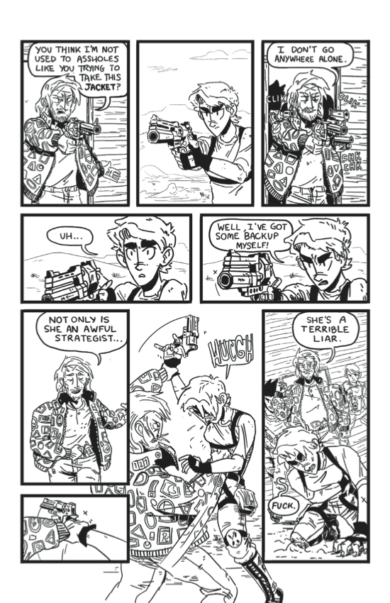 Grayscale comic spread over three chapters and taking place in the desert.