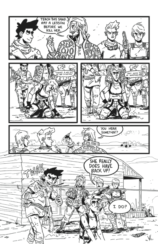 Grayscale comic spread over three chapters and taking place in the desert.