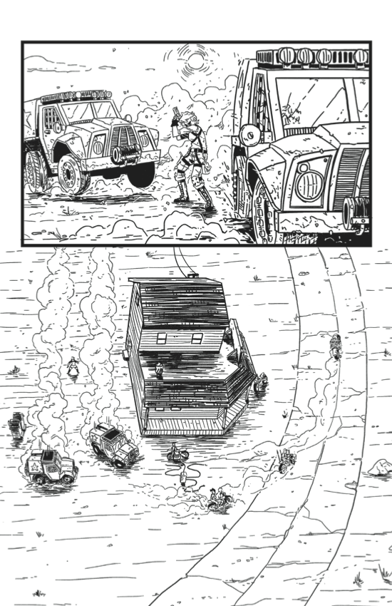 Grayscale comic spread over three chapters and taking place in the desert.