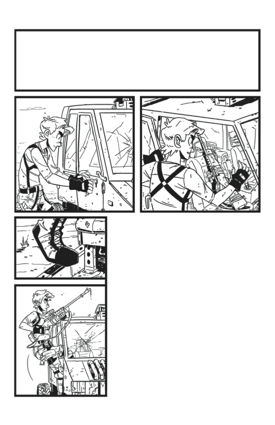 Grayscale comic spread over three chapters and taking place in the desert.