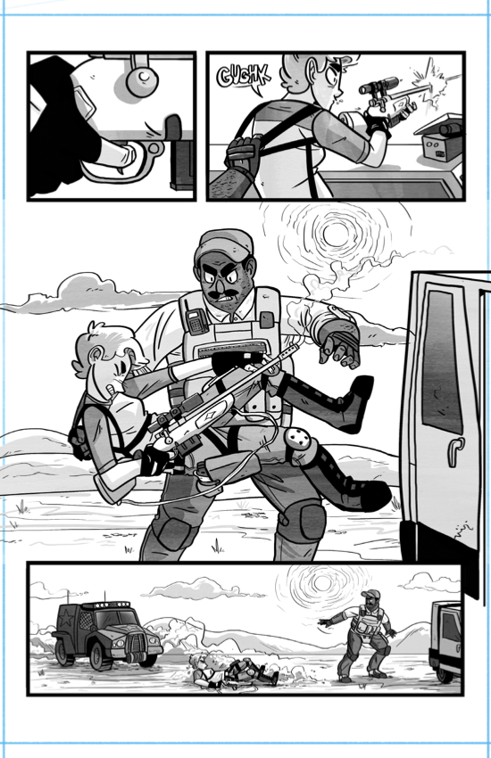 Grayscale comic spread over three chapters and taking place in the desert.