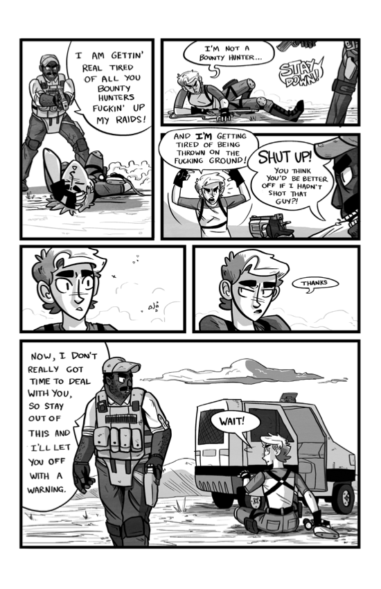Grayscale comic spread over three chapters and taking place in the desert.
