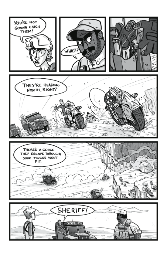 Grayscale comic spread over three chapters and taking place in the desert.