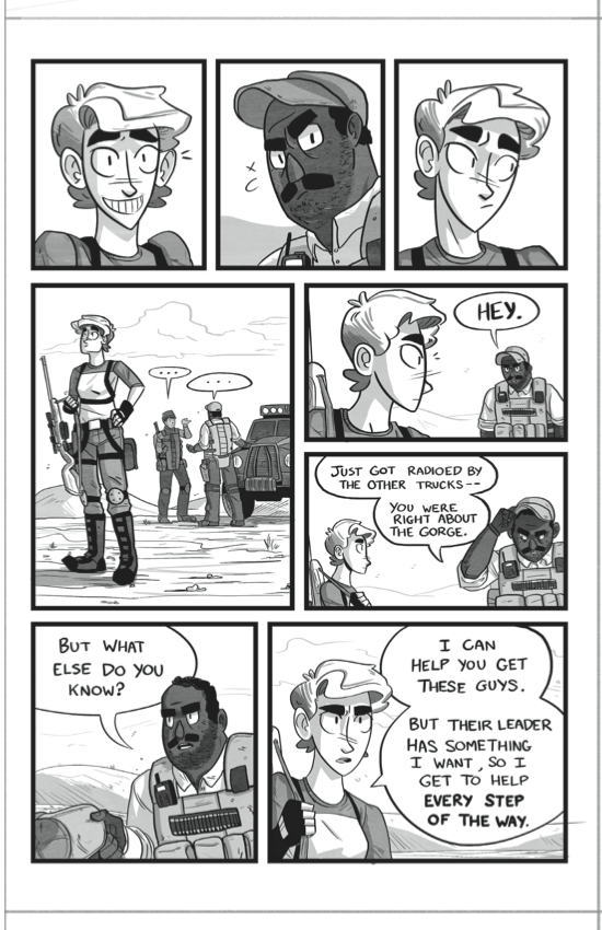 Grayscale comic spread over three chapters and taking place in the desert.