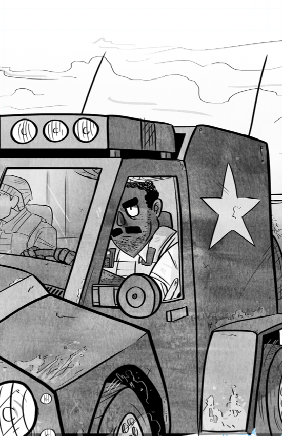 Grayscale comic spread over three chapters and taking place in the desert.