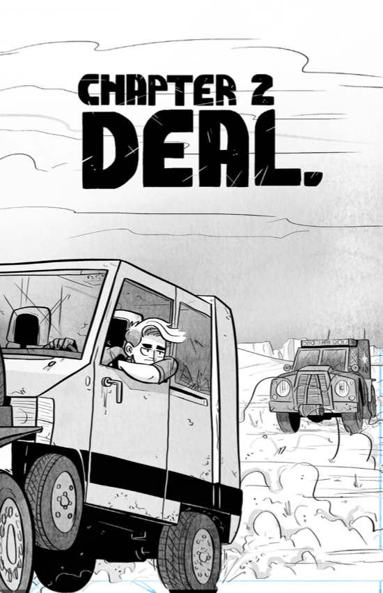 Grayscale comic spread over three chapters and taking place in the desert.