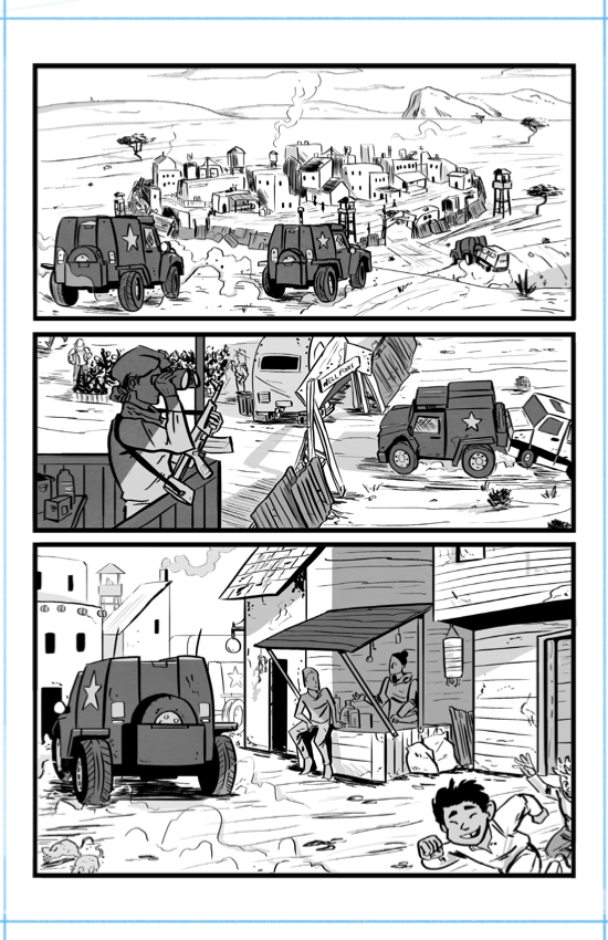 Grayscale comic spread over three chapters and taking place in the desert.