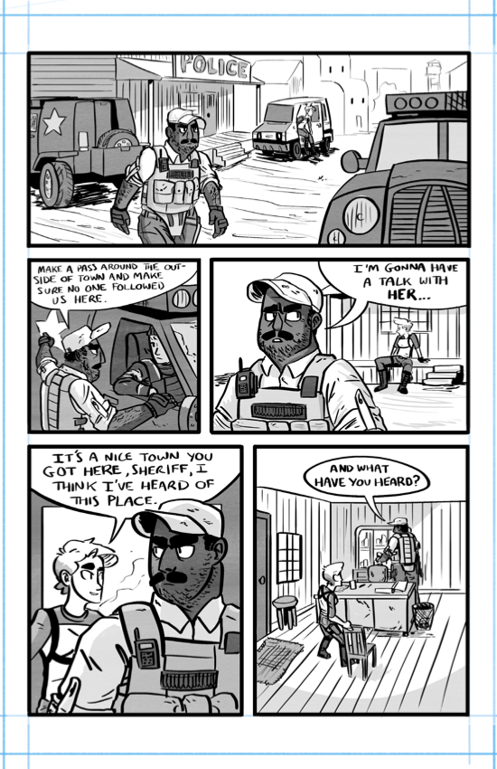 Grayscale comic spread over three chapters and taking place in the desert.