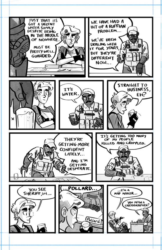 Grayscale comic spread over three chapters and taking place in the desert.