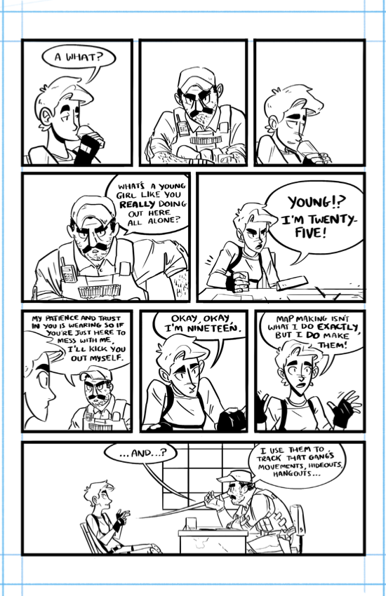 Grayscale comic spread over three chapters and taking place in the desert.