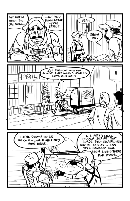 Grayscale comic spread over three chapters and taking place in the desert.