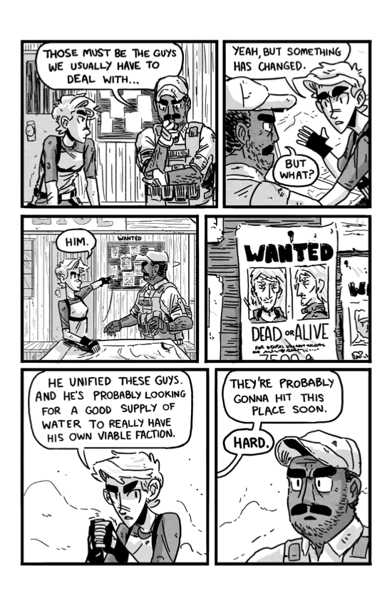 Grayscale comic spread over three chapters and taking place in the desert.