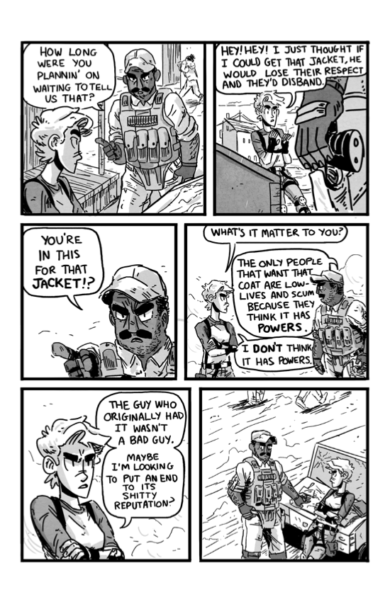Grayscale comic spread over three chapters and taking place in the desert.
