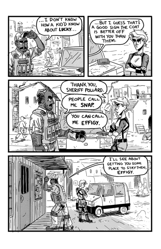 Grayscale comic spread over three chapters and taking place in the desert.