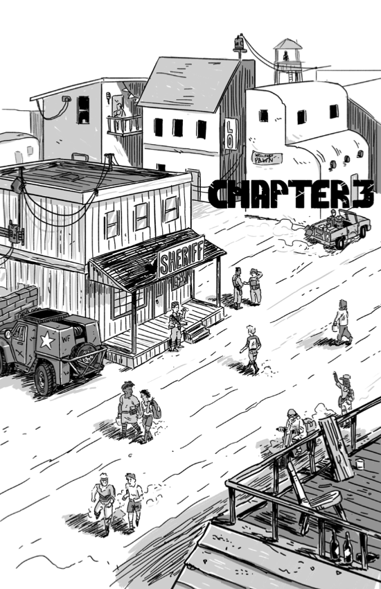 Grayscale comic spread over three chapters and taking place in the desert.