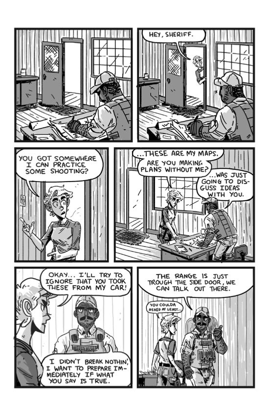 Grayscale comic spread over three chapters and taking place in the desert.