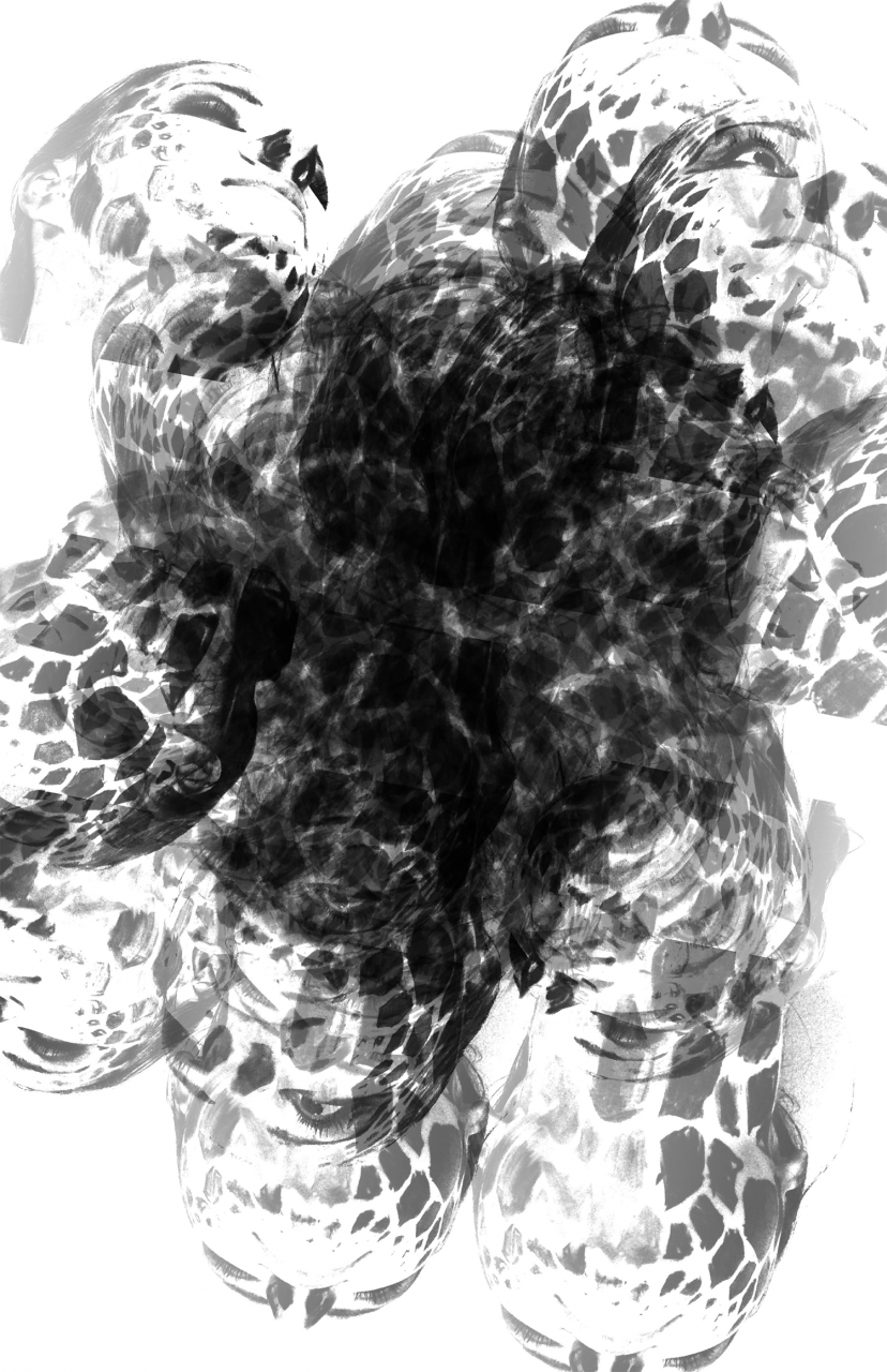 Experimental portrait layering in grayscale.