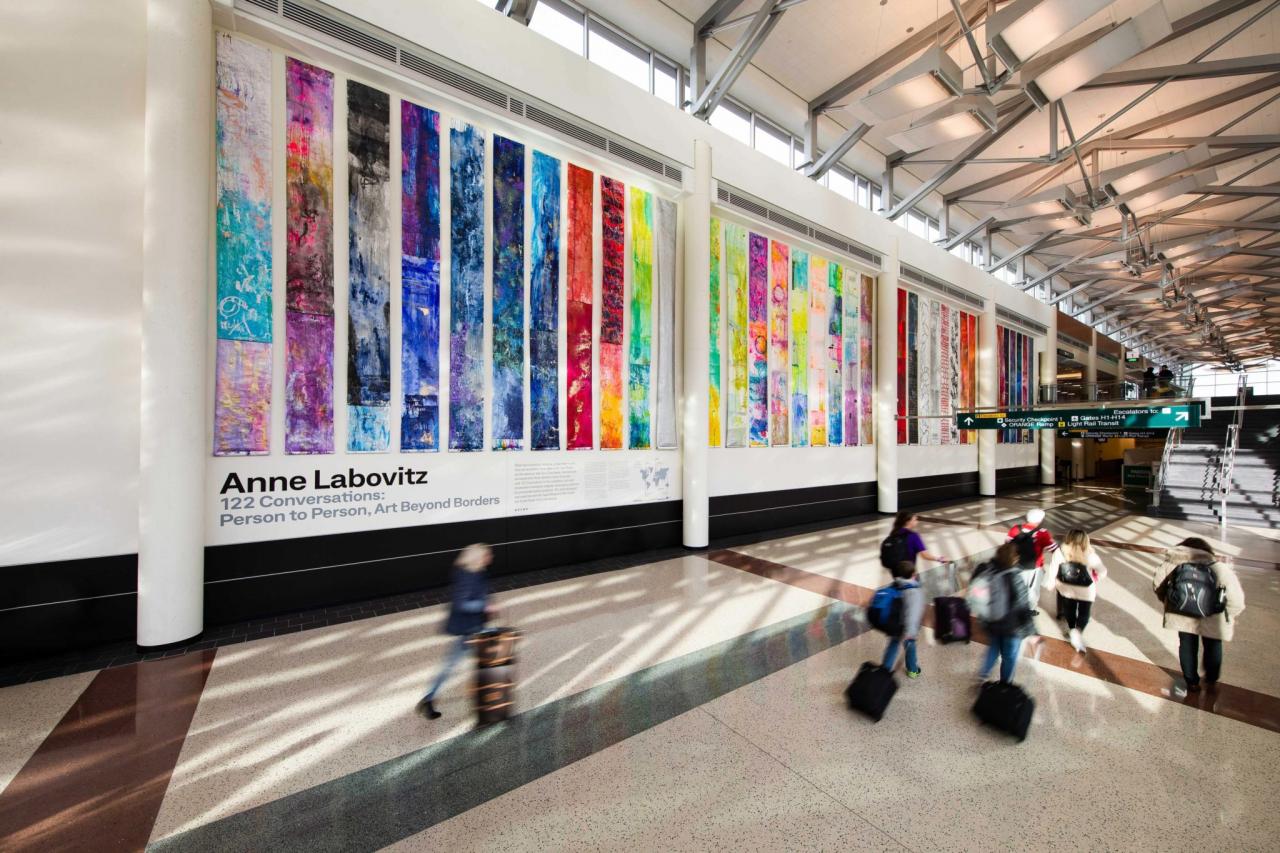 22 Conversations Person to Person, Art Beyond Borders, T2 MSP Minneapolis St. Paul International Airport, 2019-2022, Acrylic on Tyvek with grommets, 23 x 180 feet