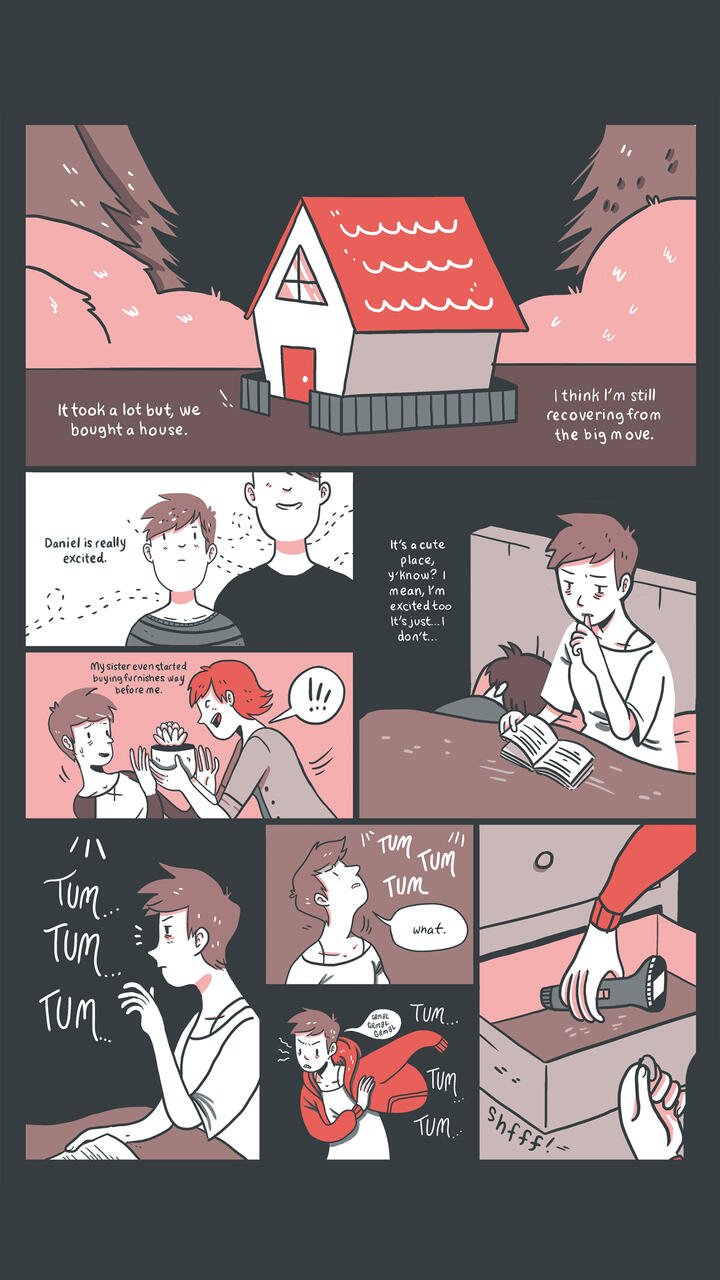 Red toned comic about a couple hearing strange noises in a new home.