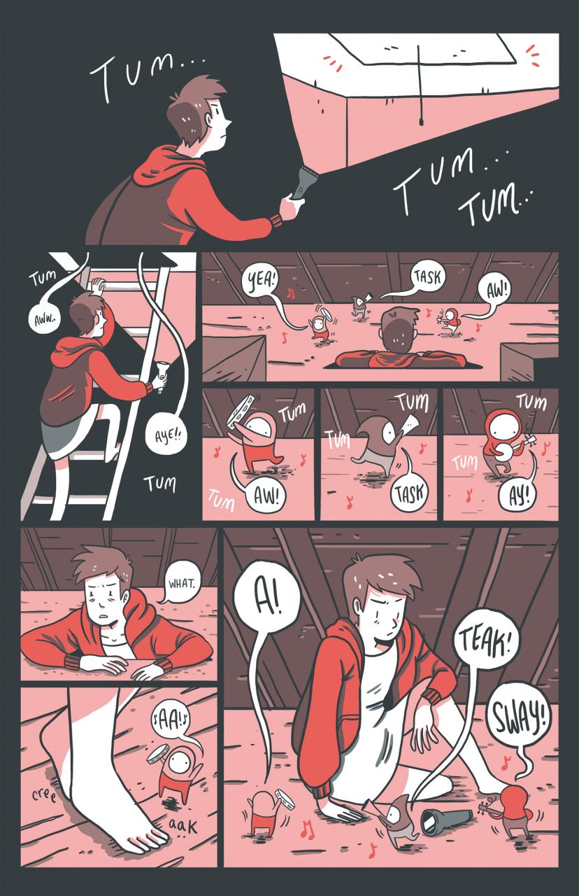 Red toned comic about a couple hearing strange noises in a new home.