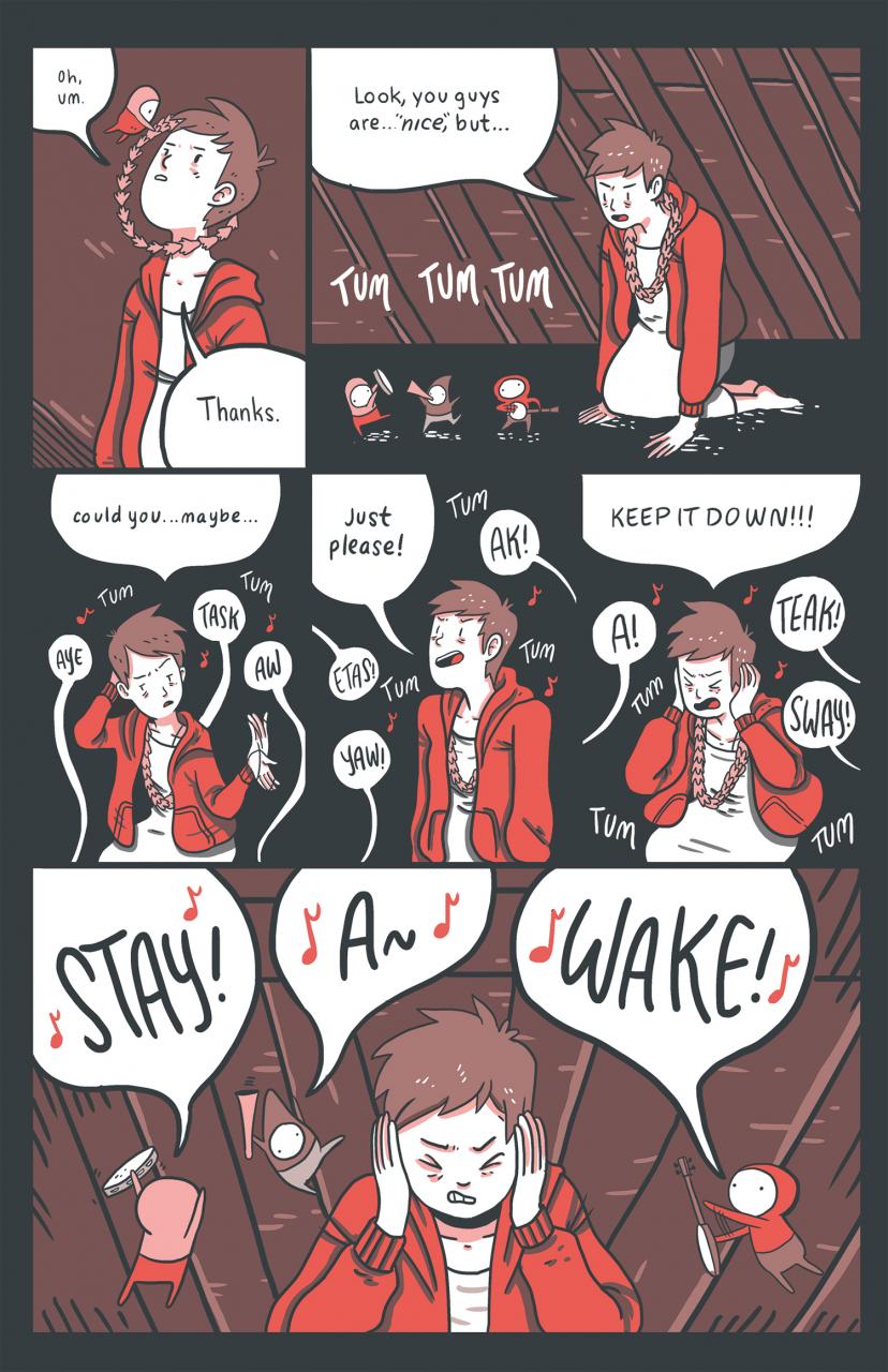 Red toned comic about a couple hearing strange noises in a new home.