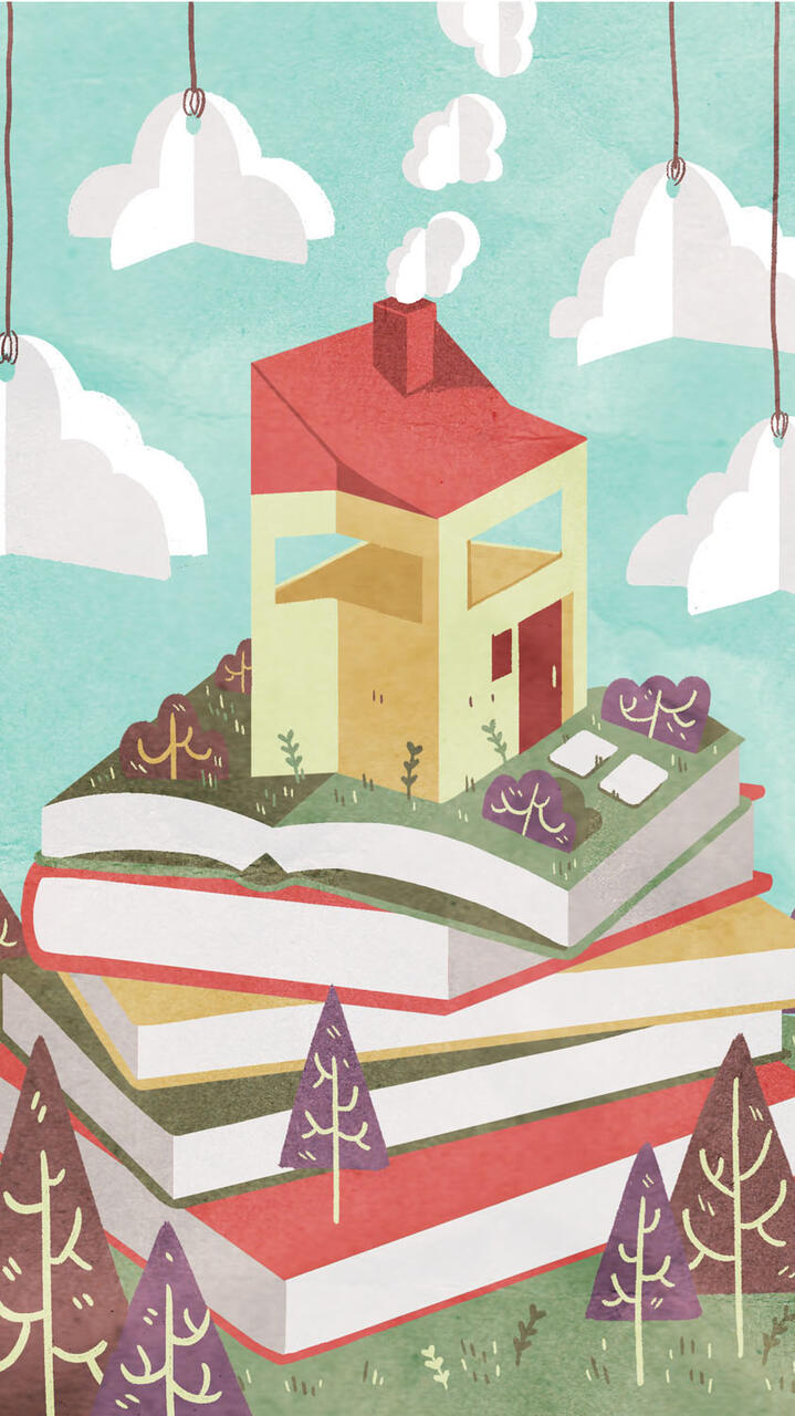 A brightly colored and textured house positioned happily on a hill of books.