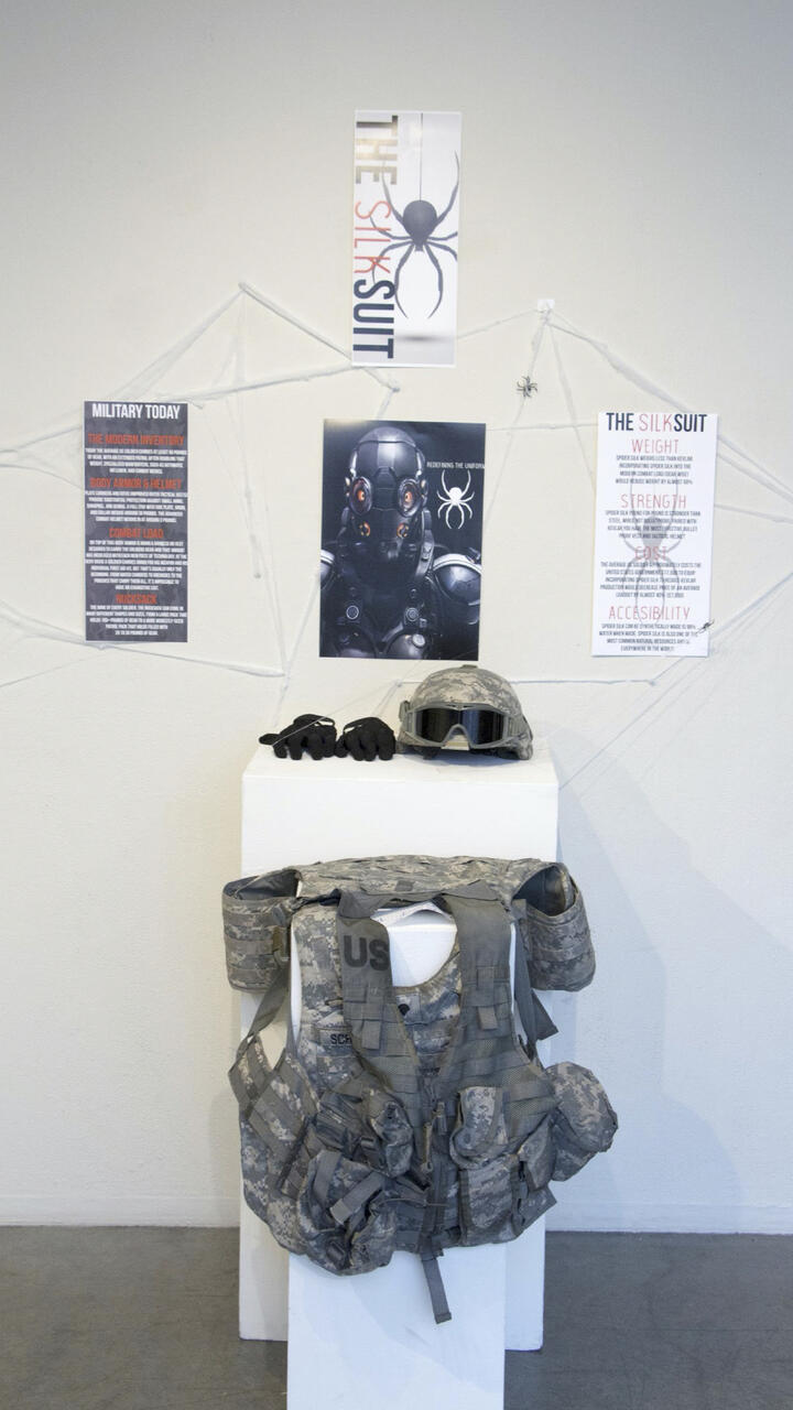 Display for a protective "silk suit" as well as its process work. 