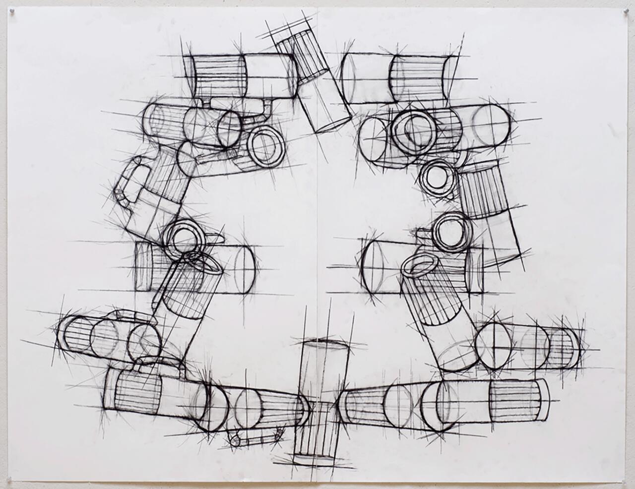 Charcoal drawing of a repeated cup shape.