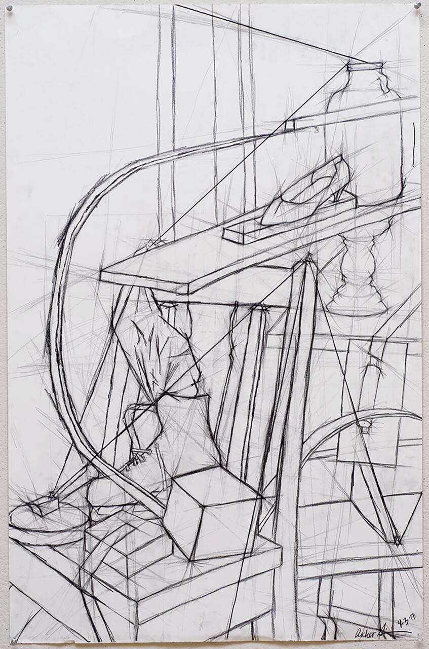 Constructive drawing of still life arrangement including a skate and a jug.