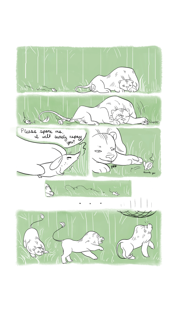Comic page of green panels depicting the lion and the mouse.