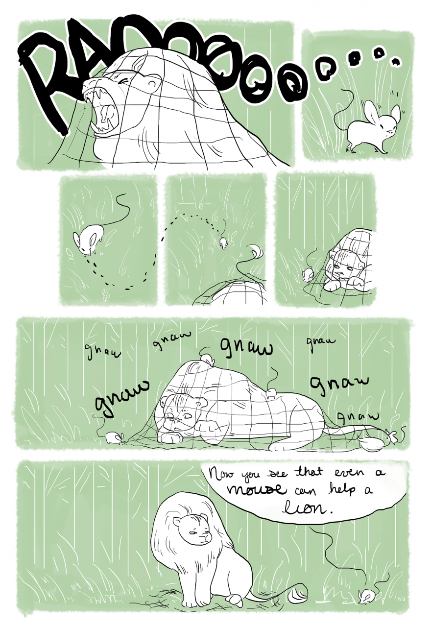 Comic page of green panels depicting the lion and the mouse.