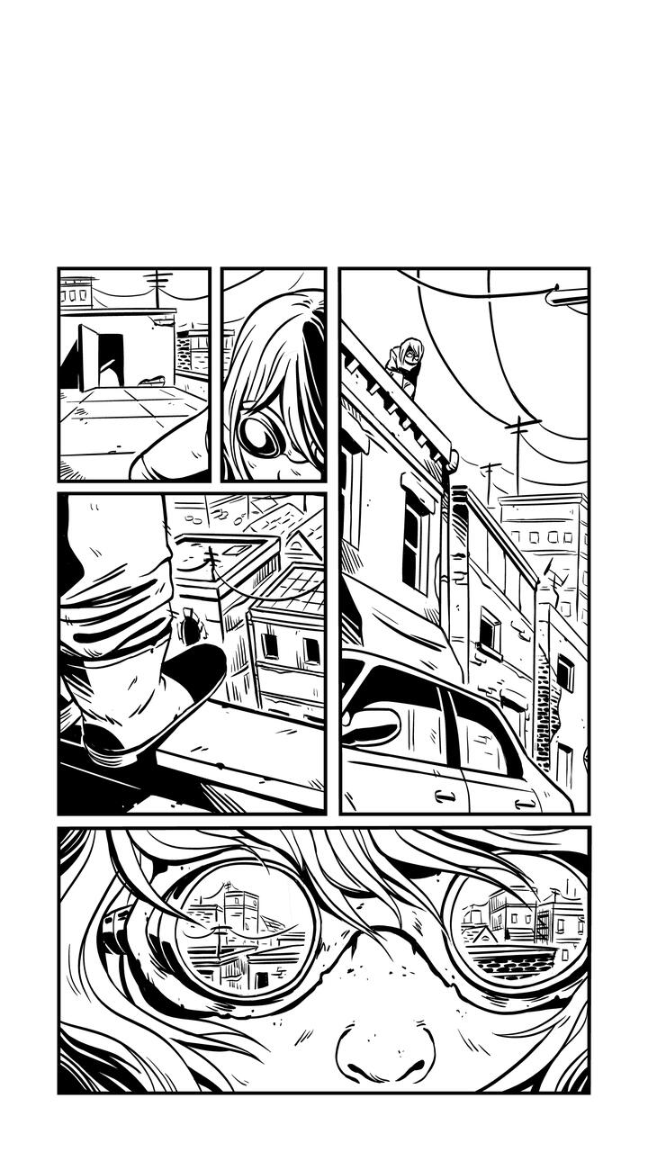 Comic page of a character, standing on a roof while the cityscape reflects in their goggles.