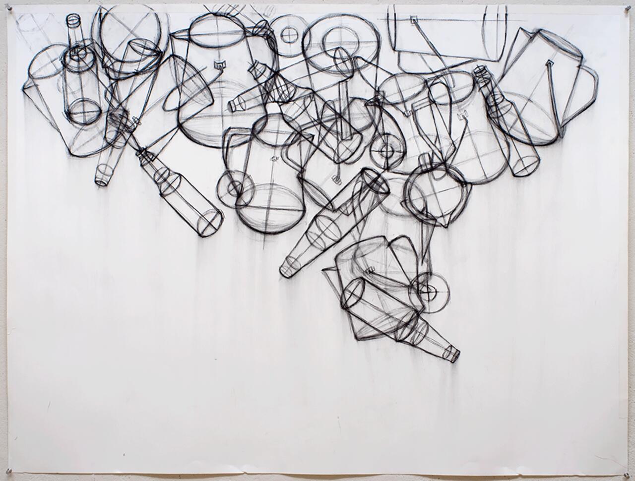 Drawing, using construction lines, of jugs, teapots, and bottles.