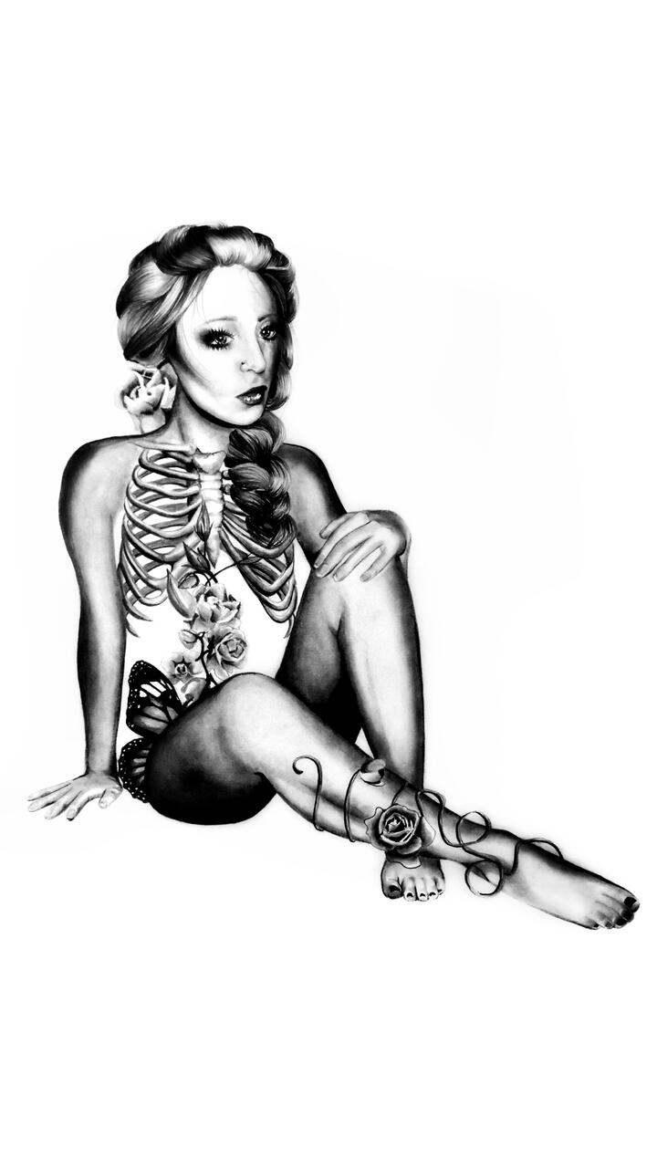 Valued drawing of a sitting figure in which their skeleton is growing roses and encases a butterfly.