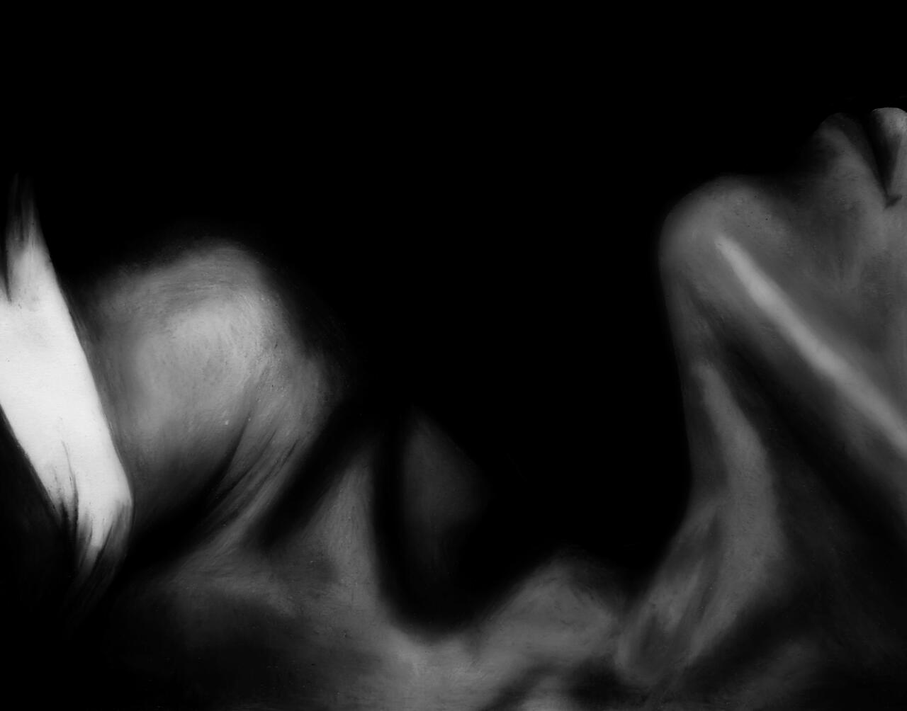 Shadowy close up drawing of a torso rendered in charcoal. 