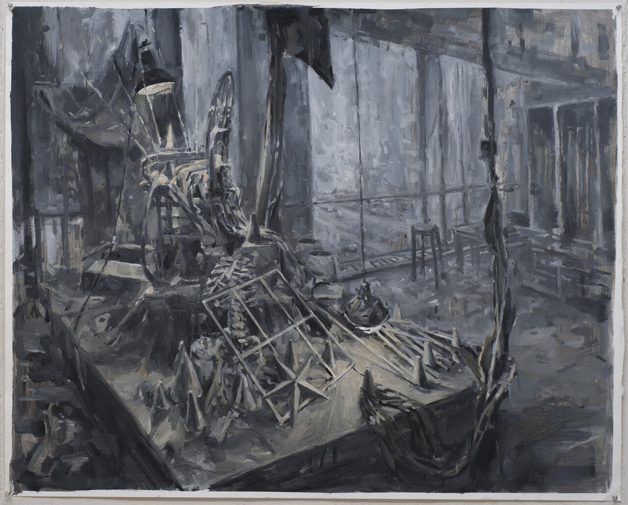 Wide shot still life painting rendering in grays of varying temperature. 