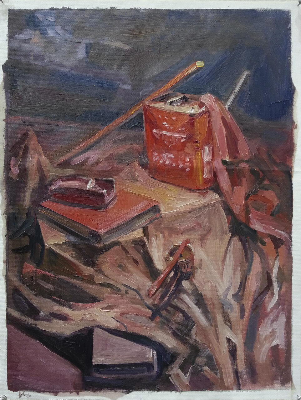 Red toned still life painting set against dark gray background. 