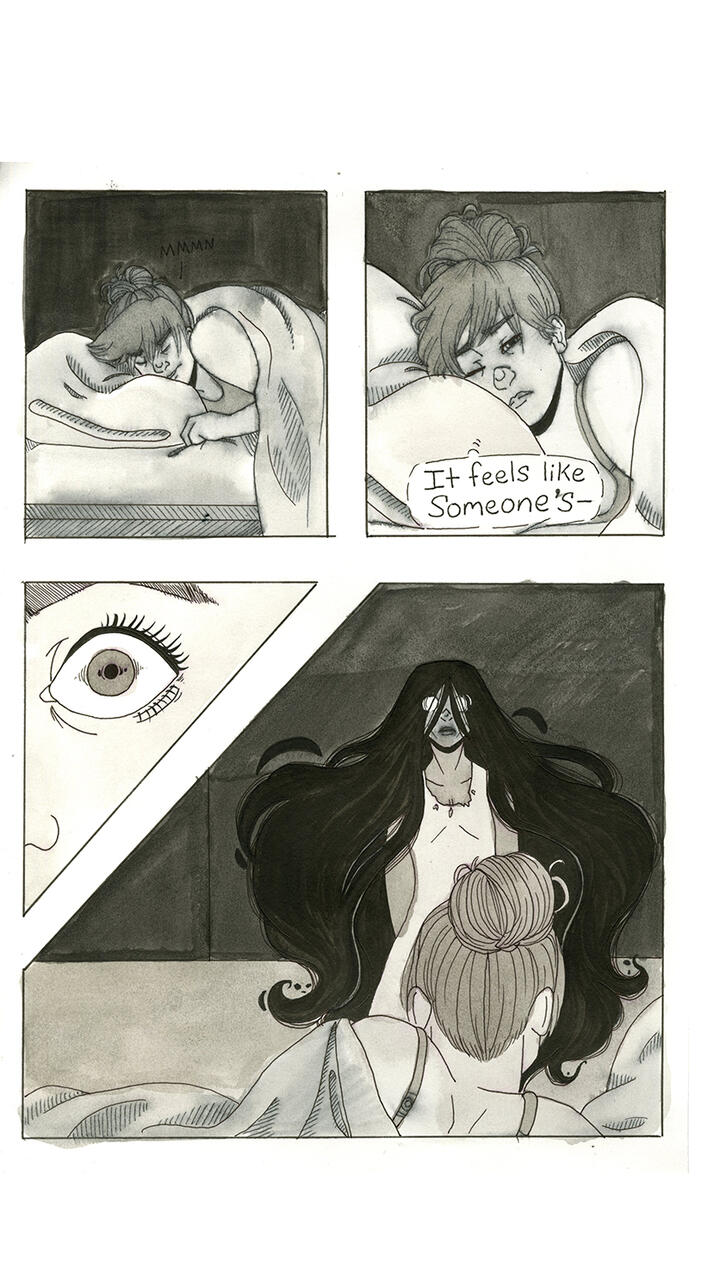 Multivalued comic page of a figure awoken by a mysterious figure.