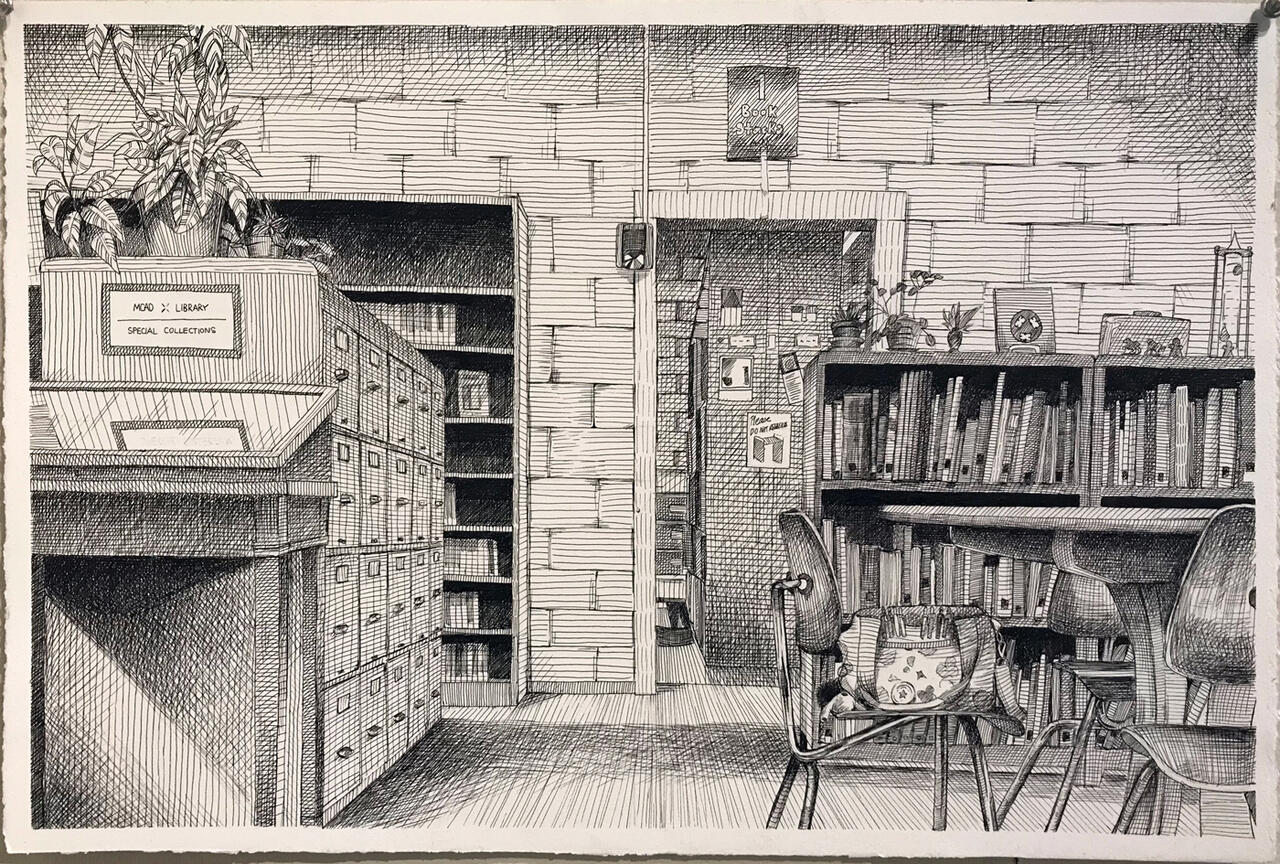 Inked perspective drawing, using a hatching technique, of a library.