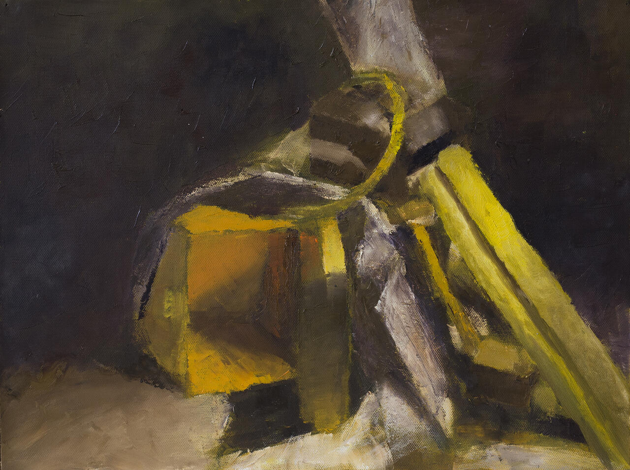 Yellow hued still life painting.