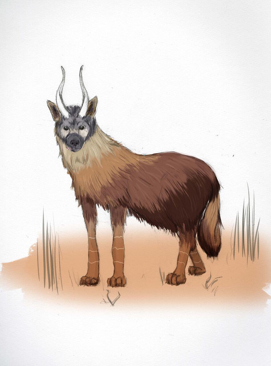 Hybrid animal drawing with warm brown tones in the fur and environment.