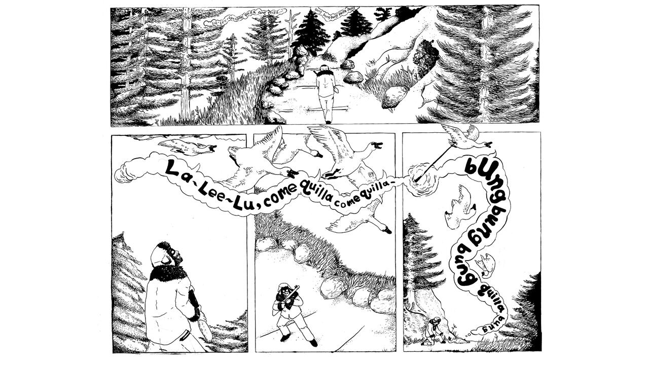 An inked comic page depicting the fable of a goose. 